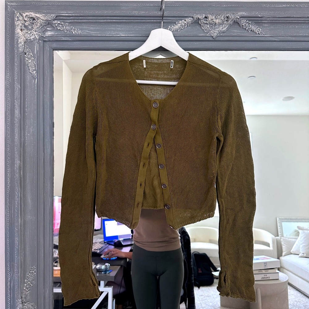 Zara 90's Y2K Cottagecore Olive Green Sheer Knit Cropped Cardigan S